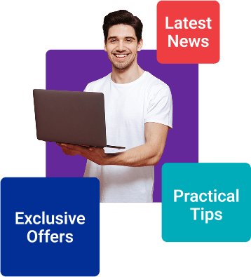 Boy with laptop in hand and promotions
