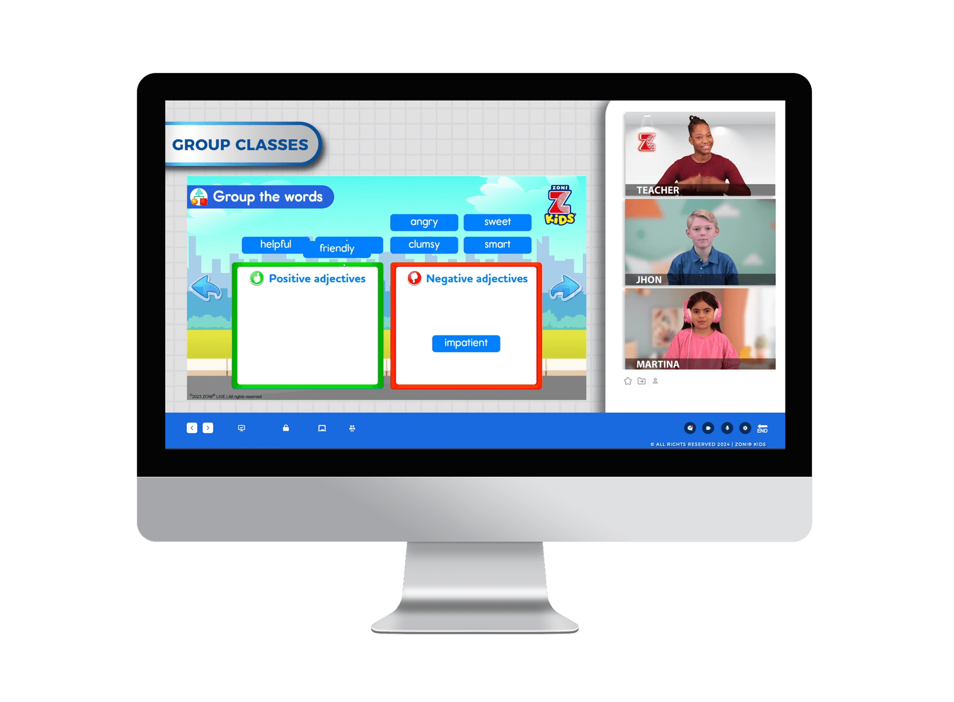 ZoniLive monitor screen displaying virtual English class in progress