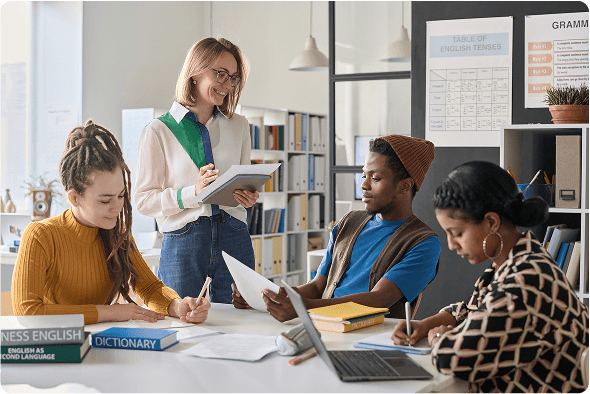 ZoniLive four people working together, collaborating on online projects and learning tasks in a virtual environment