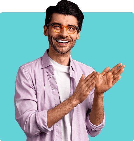 ZoniLive man smiling and pointing towards the right, promoting online learning opportunities and educational growth