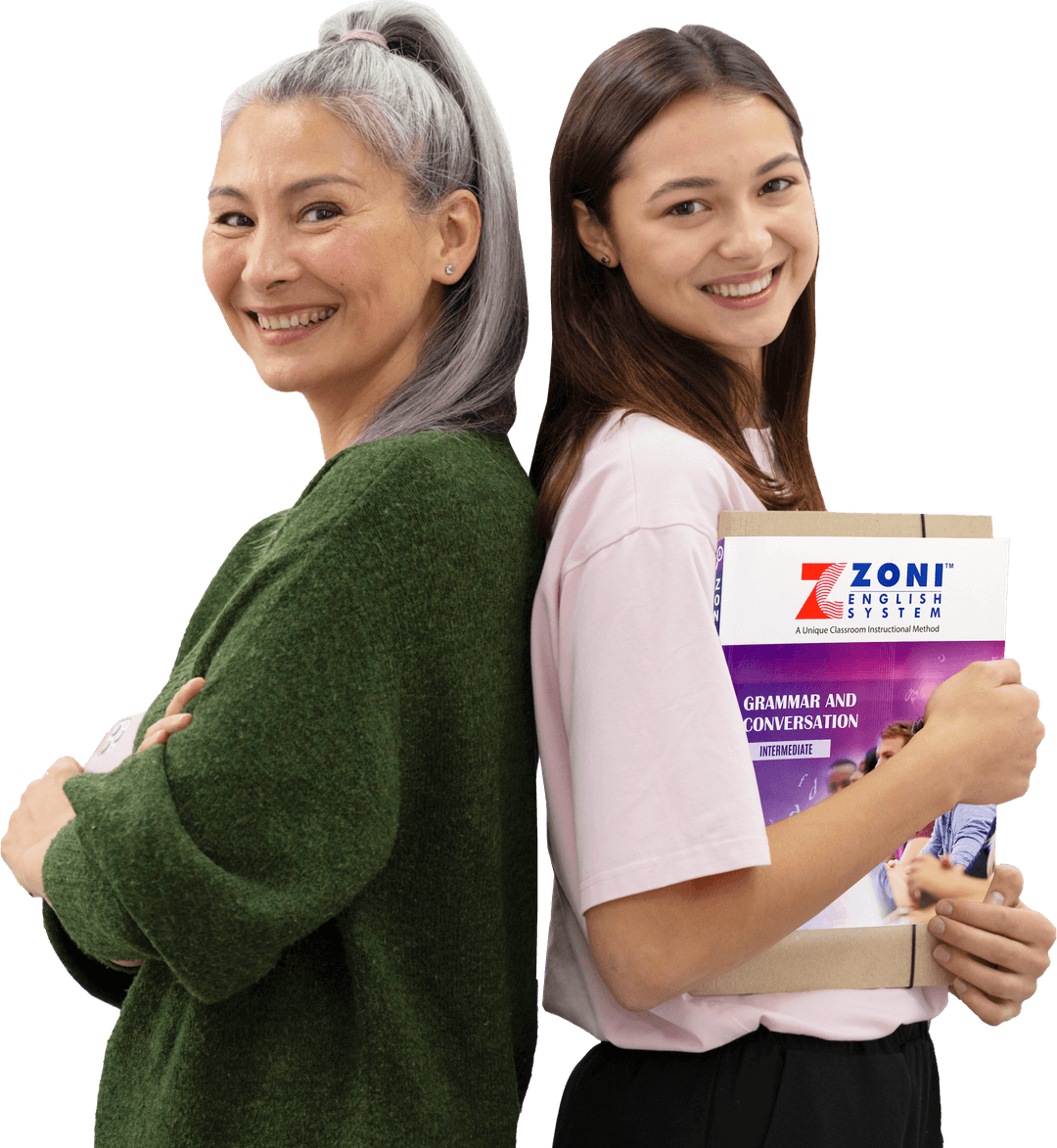 ZoniLive instructor with a girl student holding Zoni books, engaging in an interactive learning session